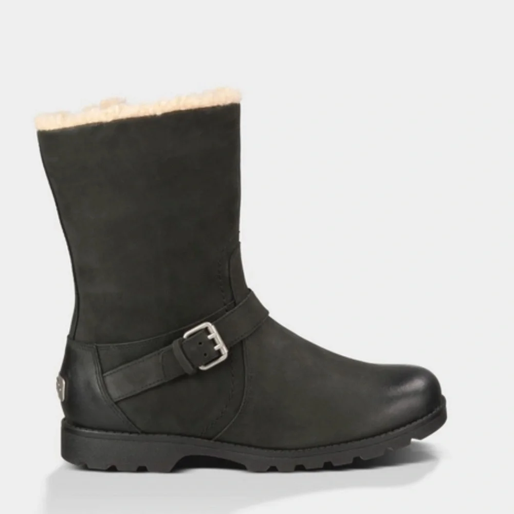 UGG Chantay Nubuck Leather Mid Calf Boots Black Size 6.5 Women’s Sheepskin Lined